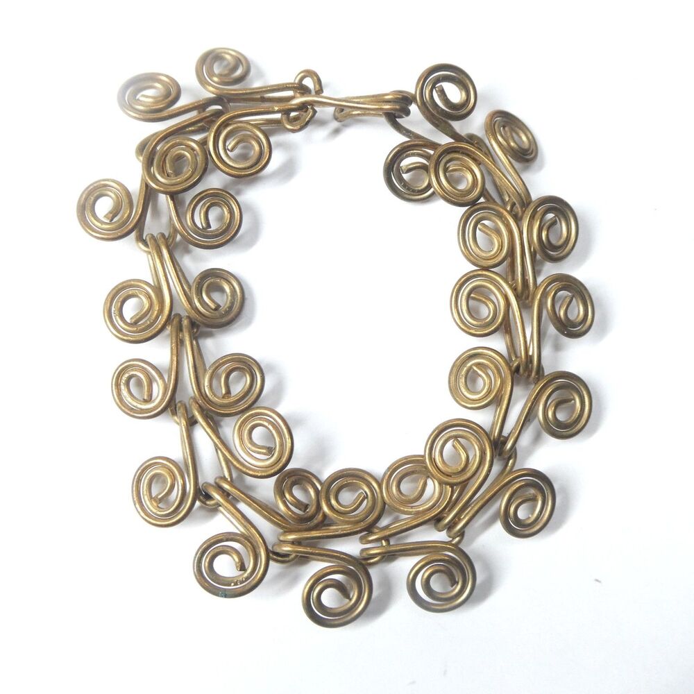 Brass Wire Scroll Statement Bracelet Vintage Modernist Patina